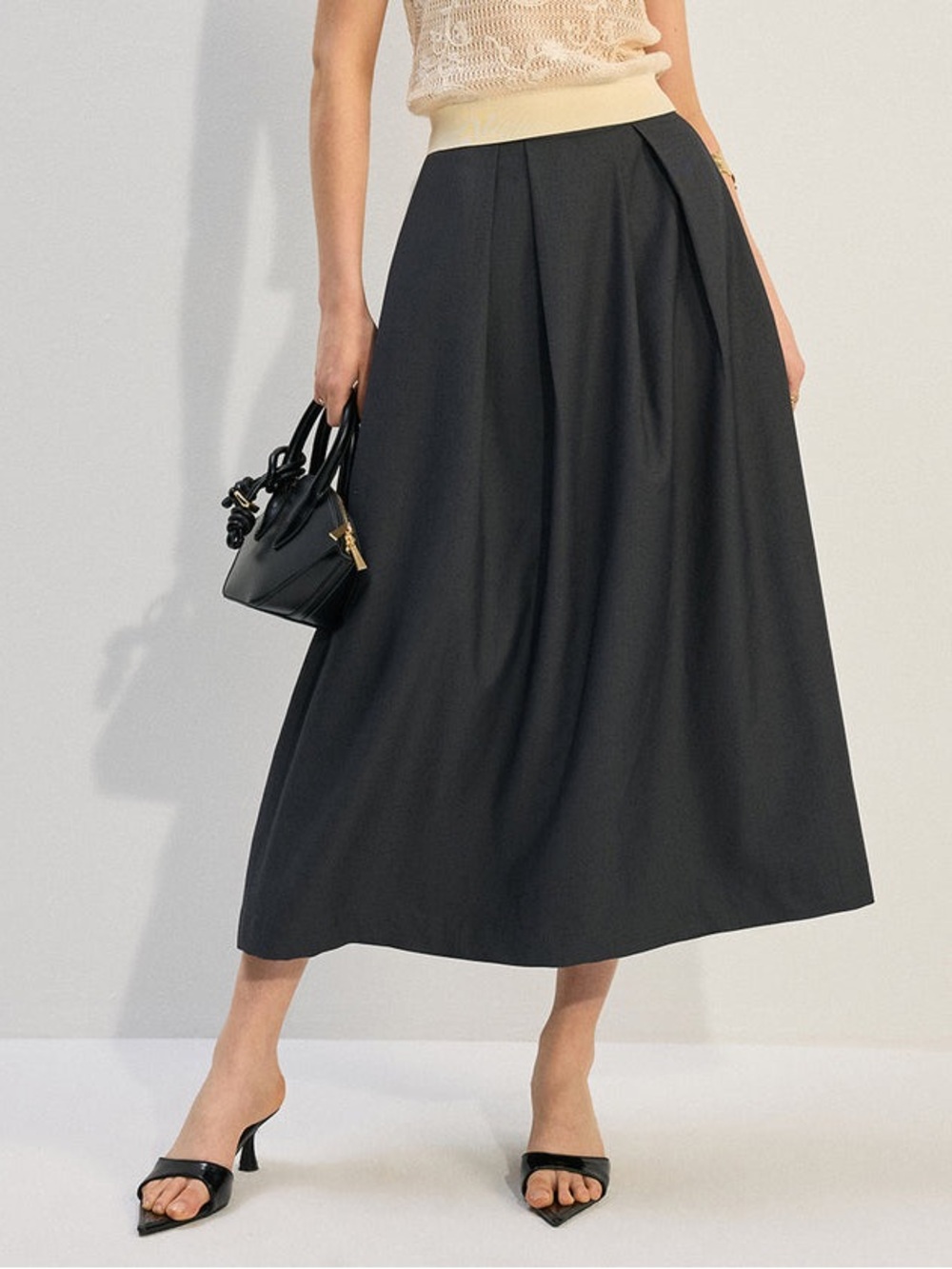 NWT COMMENSE Black Pleated Midi/ Maxi Skirt - Elegant Flowing A-line